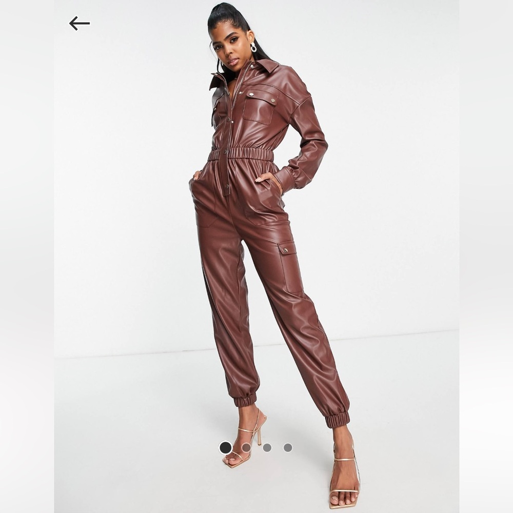 Miss Selfridge shirred waist faux leather jumpsuit in chocolate NWOT
